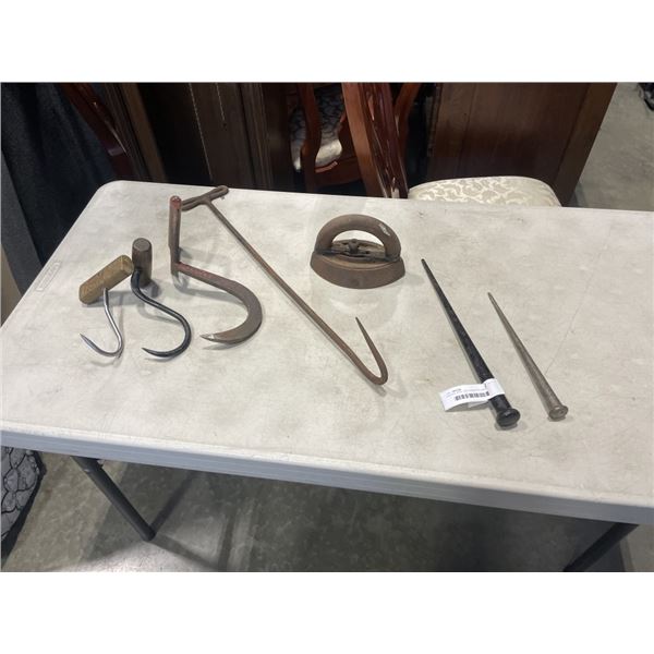 ANTIQUE IRON, AND ASSORTED MEAT HOOK AND SPIKES