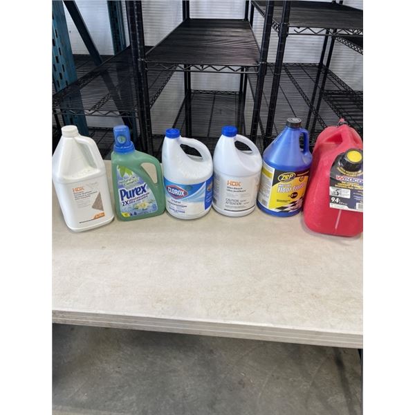 NEW GAS JERRY CAN, BLEACH AND ASSORTED HOUSEHOLD CLEANERS, MAINLY FULL