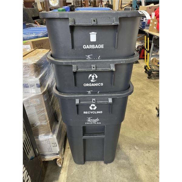 LOT OF 3 GARBAGE RECYCLING AND ORGANIC BINS WITH LIDS