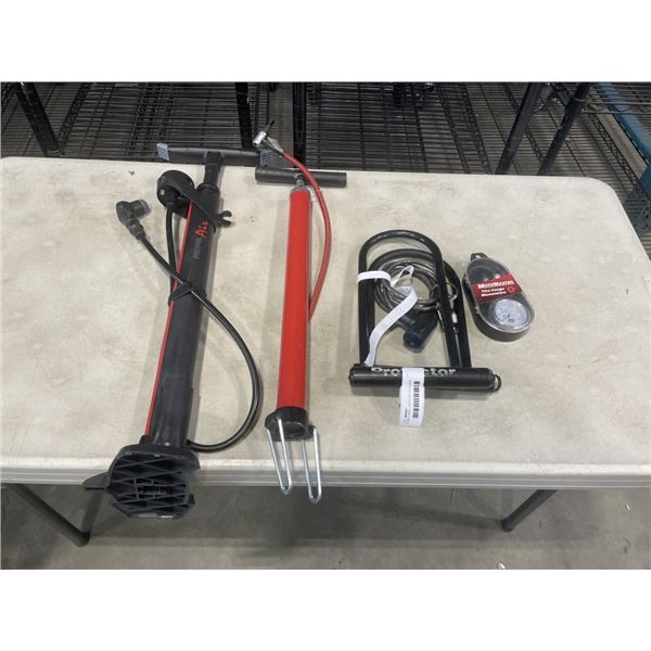 2 BIKE PUMPS, LOCKS AND AIR GUAGE