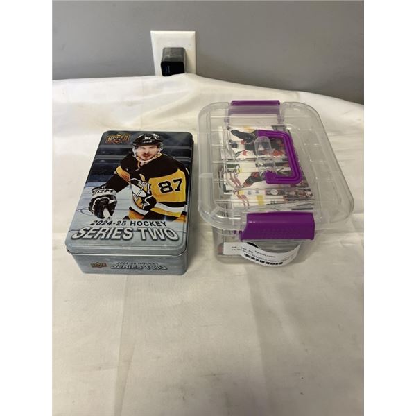 TIN AND BIN OF ASSORTED HOCKEY CARDS, MOSTLY UPPER DECK