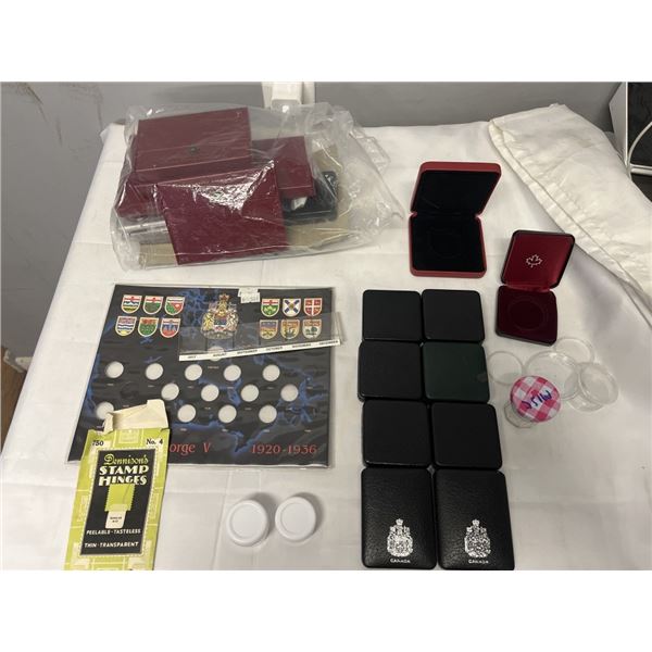 LOT OF COIN AND STAMP CONTAINERS, SUPPLIES ETC