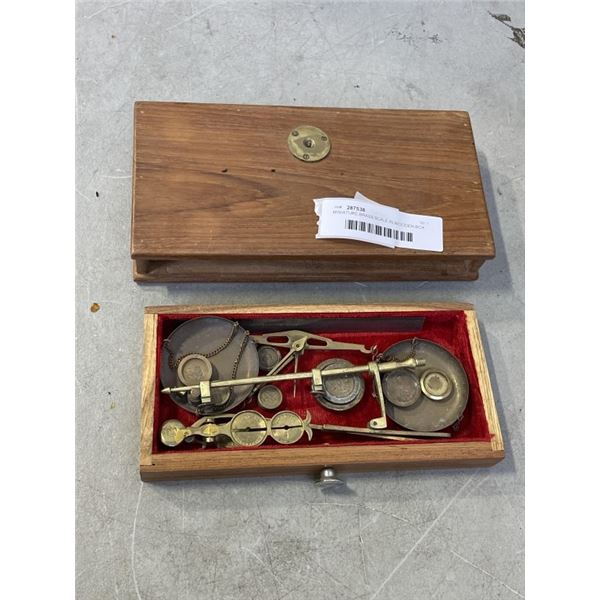 MINIATURE BRASS SCALE IN WOODEN BOX AND ASSORTED CIGARETTE TINS