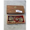 Image 1 : MINIATURE BRASS SCALE IN WOODEN BOX AND ASSORTED CIGARETTE TINS