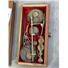 Image 2 : MINIATURE BRASS SCALE IN WOODEN BOX AND ASSORTED CIGARETTE TINS