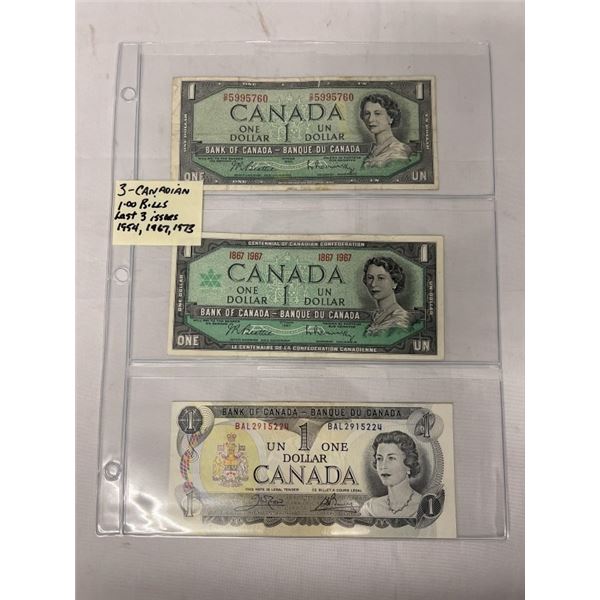 LAST 3 ISSUES OF CANADIAN $1 BILLS 1954, 1967, 1973