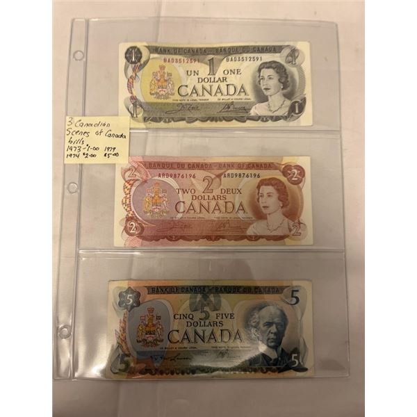 3 CANADIAN SCENES OF CANADA BILLS 1973 $1, 1974 $2, 1979 $5