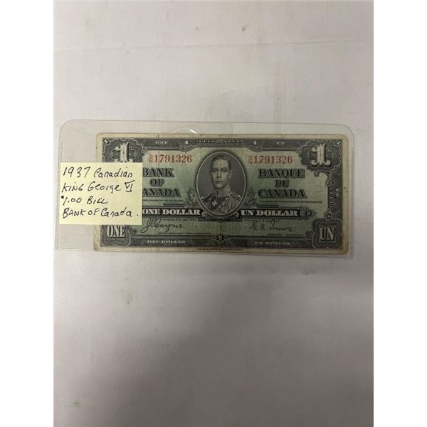 1937 CANADIAN KING GEORGE V $1 BILL BANK OF CANADA