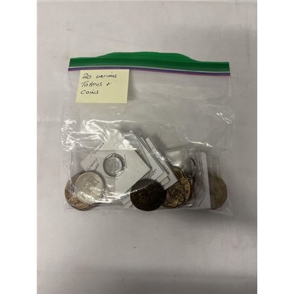 20 VARIOUS COINS AND TOKENS