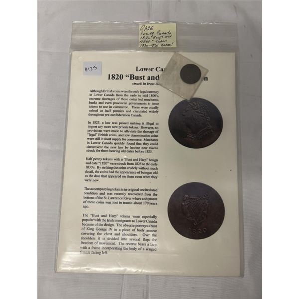RARE LOWER CANADA 1820 "BUST OR HARP" TOKEN