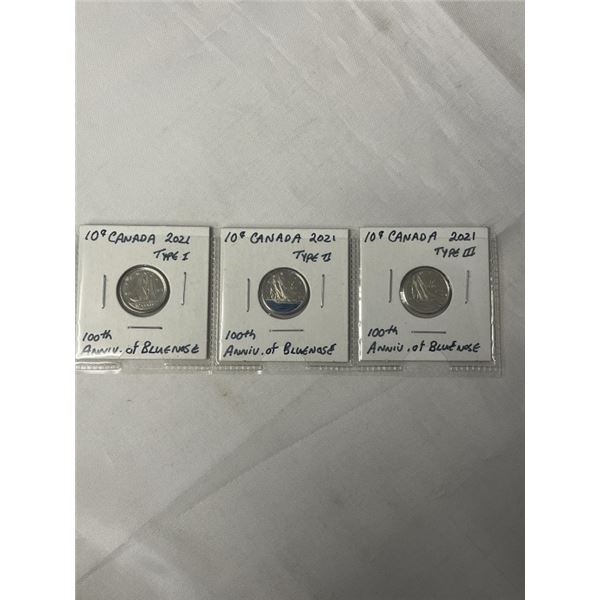 3 MINT 2021 CANADIAN DIMES ALL 3 TYPES OF THE 100TH ANNIVERSARY OF THE BLUENOSE