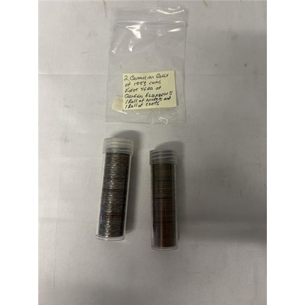 2 CANADIAN ROLLS OF 1953 COINS, FIRST YEAR OF QUEEN ELIZABETH II, 1 ROLL NICKELS 1 ROLL CENTS
