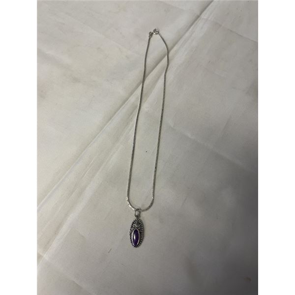 STERLING SILVER CHAIN, MARKED 925 CA W/ PURPLE STONE PENDANT, MAKRED 925 AND HALLMARK