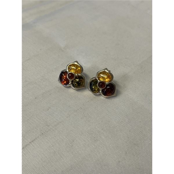 PAIR OF STERLING SILVER W/ GENUINE AMBER STONES EARRINGS MARKED 925
