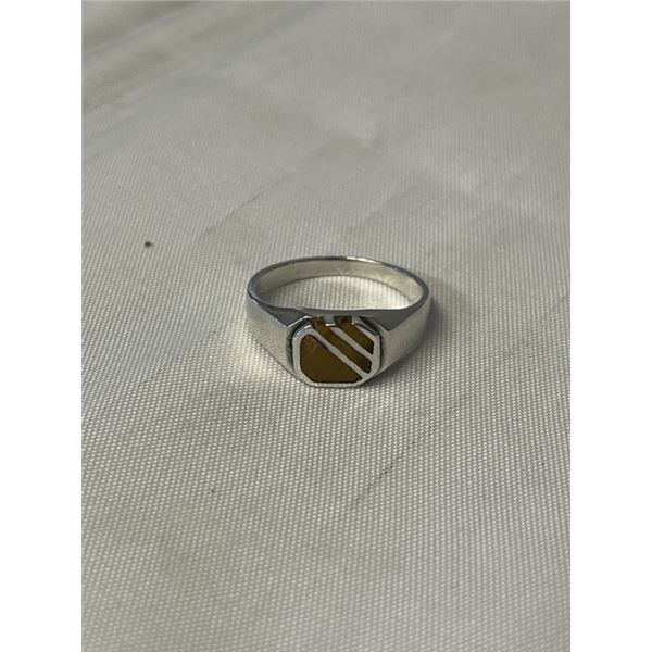 VINTAGE STERLING SILVER W/ TIGER EYE STONE INLAID RING, MARKED 925 AND HALLMARK, SIZE 9.5