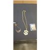 Image 1 : 2 LARGE COSTUME DOLLAR SIGN NECKLACES AND TANGLED LADIES NECKLACE