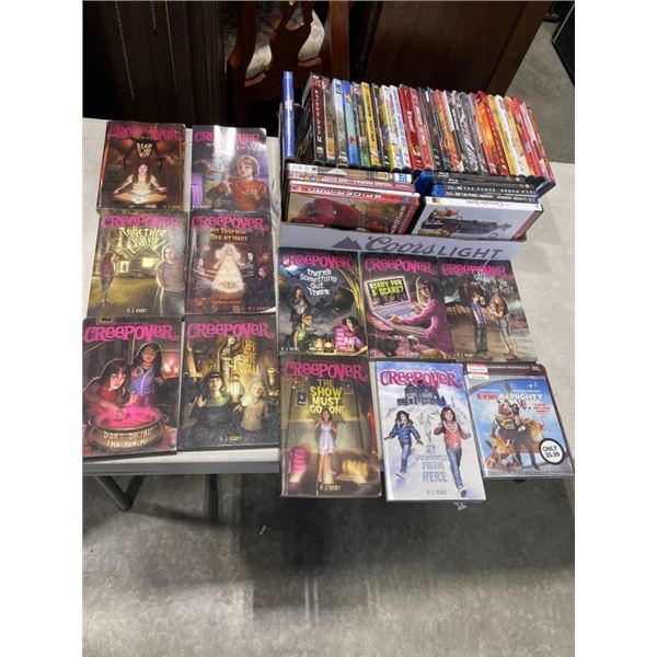 TRAY OF DVDS, BLU RAYS AND CREEPOVER BOOKS