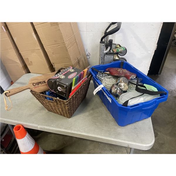 2 TOTES OF COLLECTIBLES, GLASS ITEMS ETC