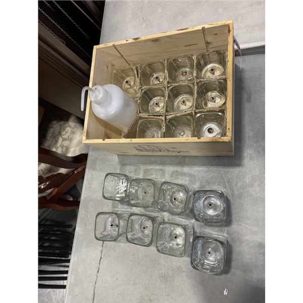 WOOD CRATE OF GLASS DINING CANDLES