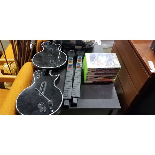 XBOX 360 GUITARS HERO GUITARS AND ASSORTED XBOX 360 GAMES