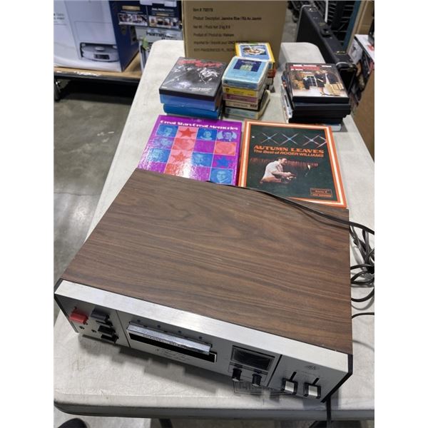 VINTAGE AGS SOLID STATE 8 TRACK PLAYER, ANBD BOX OF ASSORTED 8-TRACKS AND DVDS