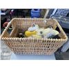 Image 2 : LARGE BASKET OF ASSORTED ANTIQUE COLLECTIBLES, GLASSWARE AND CHINA