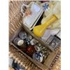 Image 3 : LARGE BASKET OF ASSORTED ANTIQUE COLLECTIBLES, GLASSWARE AND CHINA