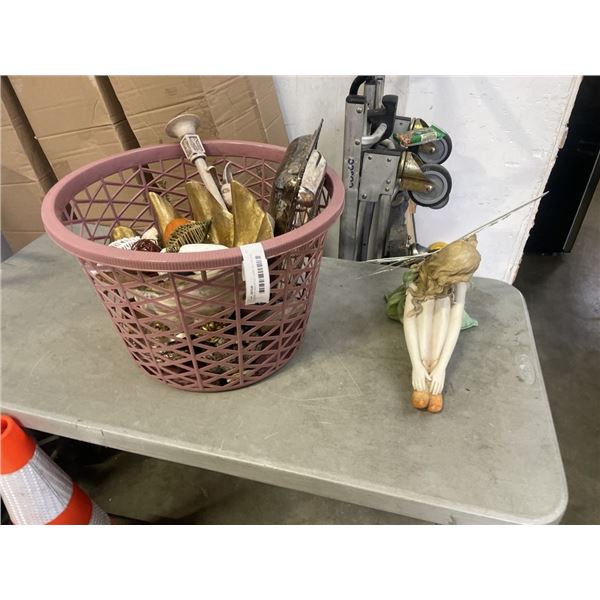 TOTE OF ASSORTED HOME DECOR AND LARGE FAIRY FIGURE