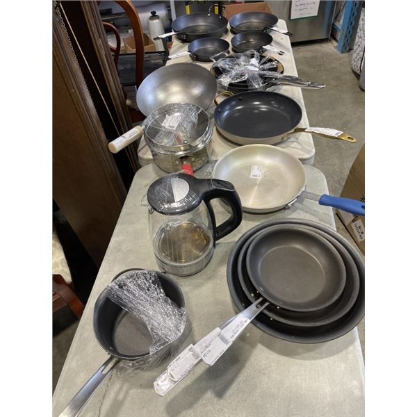 LOT OF FRYING PANS THERMOALLOY, ALL CLAD, KIRKLAND GREENPAN WOK AND AND ELECTRIC KETTLE