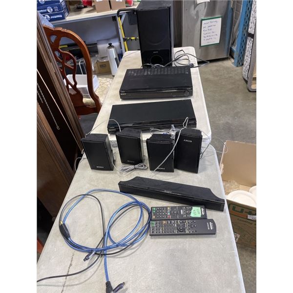 SONY HOME THEATRE SURROUND SOUND SYSTEM, WITH BLU RAY PLAYER, REMOTES, SOPEAKERS AND SUB ETC