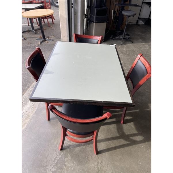 PUB DINING TABLE WITH CAST IRON BASE, AND 4 AS NEW LEATHER SEAT SOLID WOOD DINING CHAIRS, TABLE IS 4