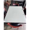 Image 2 : PUB DINING TABLE WITH CAST IRON BASE, AND 4 AS NEW LEATHER SEAT SOLID WOOD DINING CHAIRS, TABLE IS 4