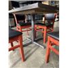 Image 3 : PUB DINING TABLE WITH CAST IRON BASE, AND 4 AS NEW LEATHER SEAT SOLID WOOD DINING CHAIRS, TABLE IS 4