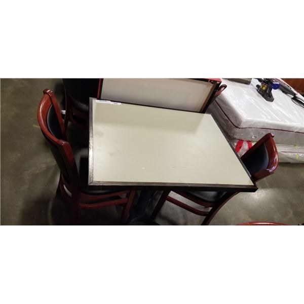 PUB DINING TABLE WITH CAST IRON BASE, AND 2 AS NEW LEATHER SEAT SOLID WOOD DINING CHAIRS, TABLE IS 3