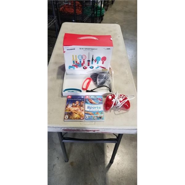 NINTENDO SWITCH ACCESSORIES AND TWO GAMES, CIVILIZATION VI, AND SWITCH SPORTS