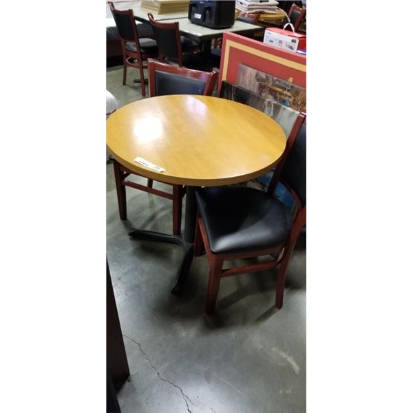 ROUND SOLID WOOD PUB DINING TABLE WITH CAST IRON BASE, 32 INCH DIAMETER, AND 2 AS NEW BLACK LEATHER 