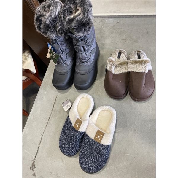 NEW WOMENS SIZE 6 BOOTS AND 2 PAIRS OF SLIPPERS