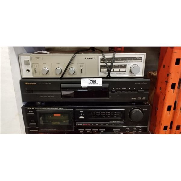 DENON STEREO CASSETTE DECK, PIONEER DVD PLAYER, AND SANYO AMPLIFIER
