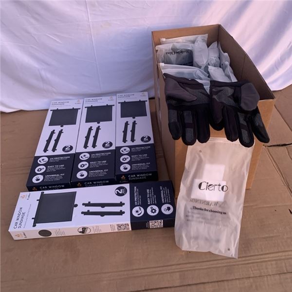 20 PAIRS OF NEW GLOVES AND 4 SETS OF NEW SIZE WINDOW SUNSHADES