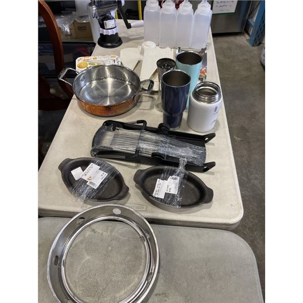 BOX OF MANDOLIN CHEESE GRATER CAST IRON COOKING DISHES AND MORE