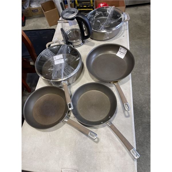 LOT OF CIRCULON FRYING PANS AND ELECTRIC KETTLE