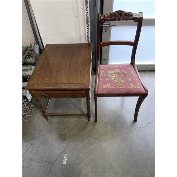 VINTAGE ENDTABLE AND VINTAGE NEEDLEPOINT CHAIR