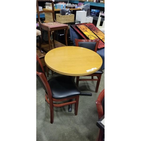 ROUND SOLID WOOD PUB DINING TABLE WITH CAST IRON BASE, 32 INCH DIAMETER, AND 2 AS NEW BLACK LEATHER 