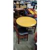 Image 1 : ROUND SOLID WOOD PUB DINING TABLE WITH CAST IRON BASE, 32 INCH DIAMETER, AND 2 AS NEW BLACK LEATHER 