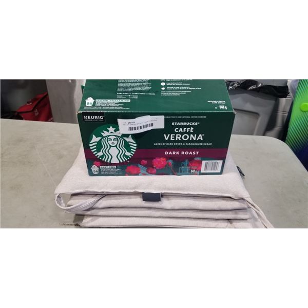 SET OF SIMONS MAISON CHAIR CUSHIONS AND PARTIAL CASE OF STARBUCKS KEURIG COFFEE