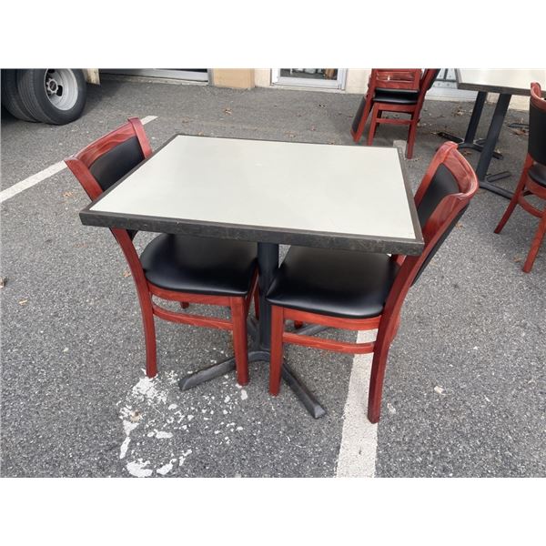 PUB DINING TABLE WITH CAST IRON BASE, AND 2 AS NEW LEATHER SEAT SOLID WOOD DINING CHAIRS, TABLE IS 3