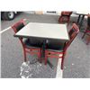 Image 1 : PUB DINING TABLE WITH CAST IRON BASE, AND 2 AS NEW LEATHER SEAT SOLID WOOD DINING CHAIRS, TABLE IS 3
