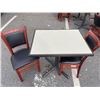 Image 2 : PUB DINING TABLE WITH CAST IRON BASE, AND 2 AS NEW LEATHER SEAT SOLID WOOD DINING CHAIRS, TABLE IS 3