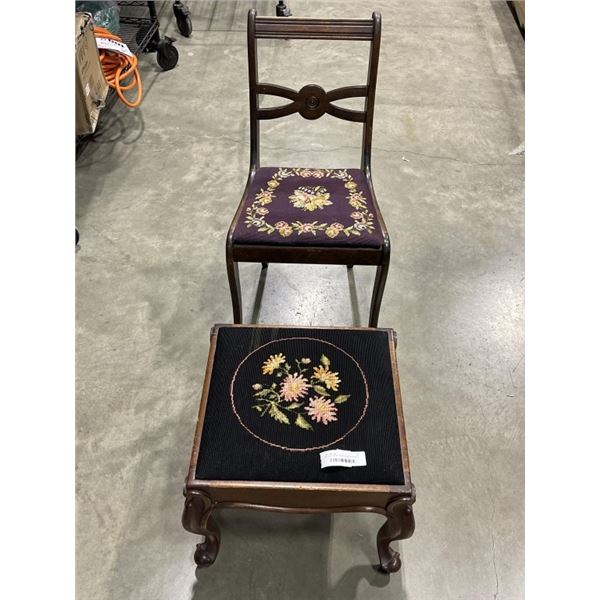 ANTIQUE NEEDLEPOINT CHAIR AND FOOT STOOL