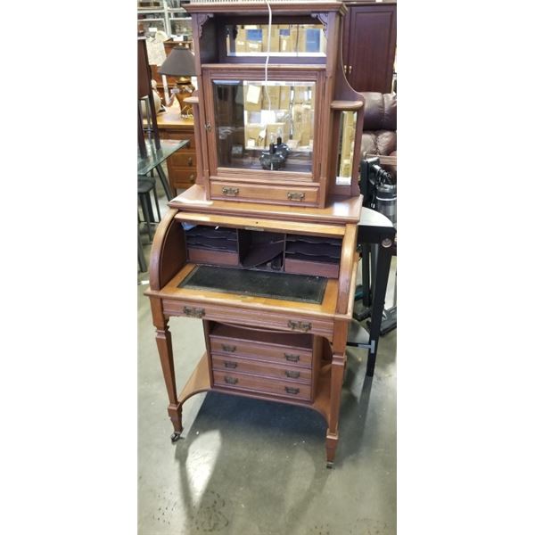 ANTIQUE ROLL TOP LEATHER INSET WRITING DESK WITH BEVELLED GLASS GALLERY